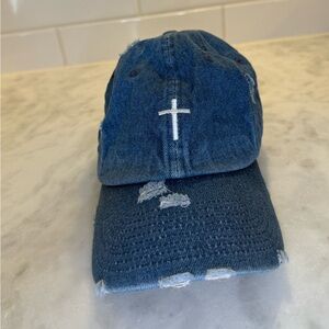 KBETHOS Vintage Distressed Denim Baseball Cap White Cross Adjustable Dad Hat